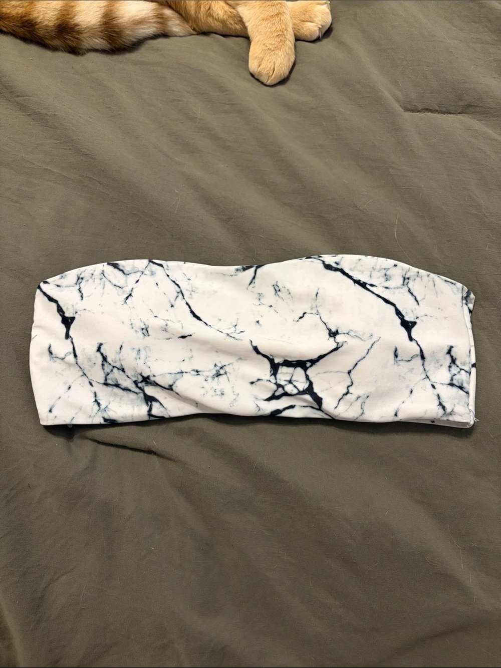 White Marble Print Strapless Bandeau Swimsuit Top